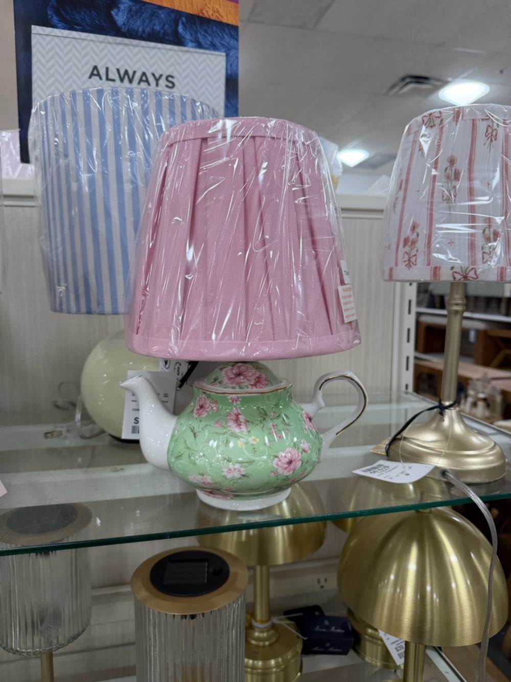 Floral Teapot Table Lamp with Pink Shade - Home Accents